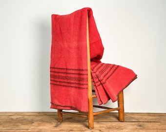 Antique red wool black blanket with brown stripes and embroidery: from Ontario, Canada, circa 1930s-40s