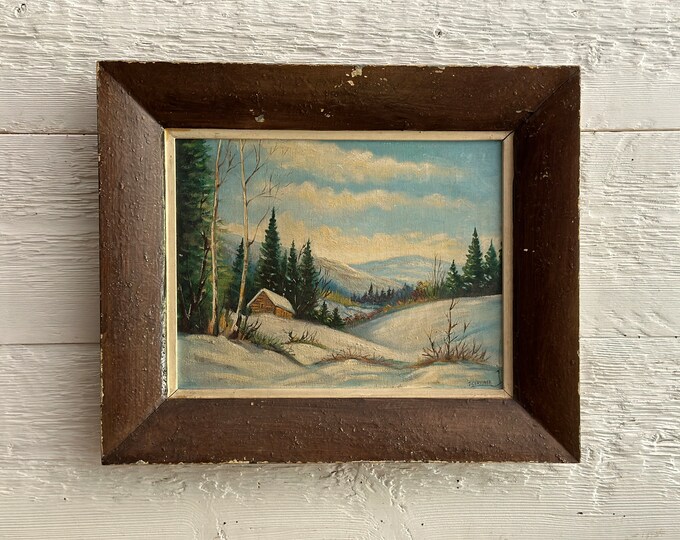 Antique Original Oil Painting on Canvas Board, Cabin in Winter ...