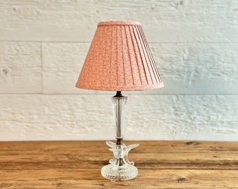 Vintage 1950s glass night stand lamp with a hand-made pleated pink calico fabric-covered lampshade