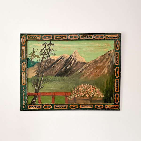 Pintura antigua original de arte popular de Quebec - Paisaje de montaña - Marco de madera pintado a mano: Firmada por Lalonde, 1919