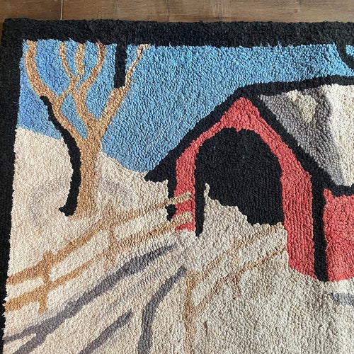Antique/vintage pictural hooked rug, shops winter landscape with red covered bridge, from Quebec, Canada