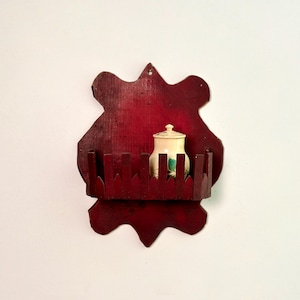 Antique hand-made folk art wooden wall pocket, shelf with its original dark red paint, primitive wall decor from Québec, Canada, circa 1930s