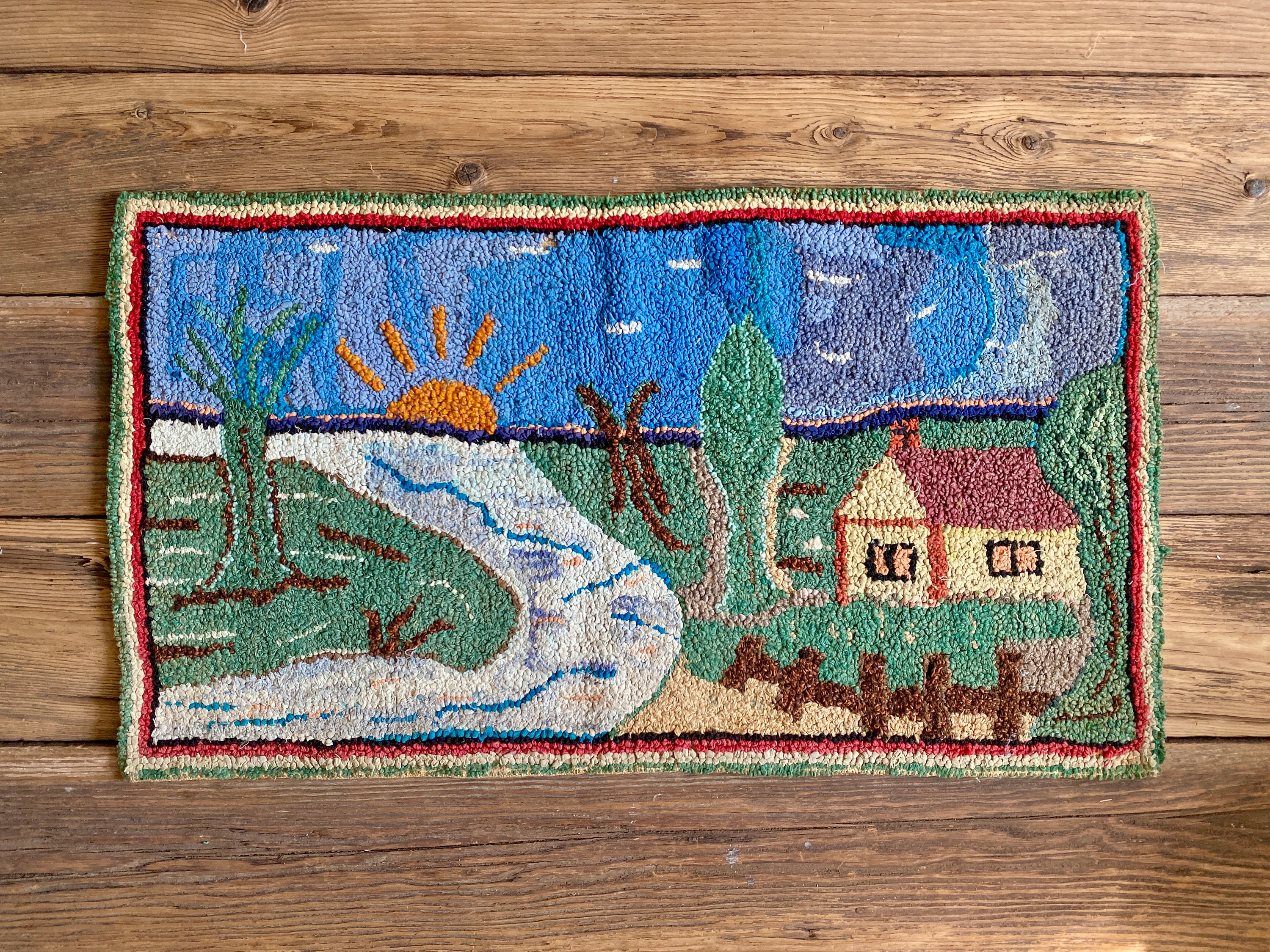 Tapis Crochu Pictural Antique, Paysage avec Cabine, Du Québec, Canada