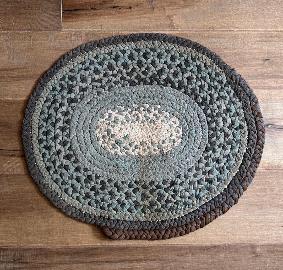 Antique Handmade Braided Rug, Blue Oval Rag Rug, From Ontario, Canada