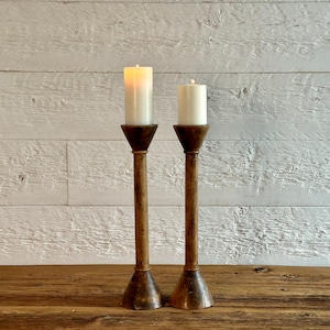 Pair or antique hand-turned wood handle holders, tall wooden candelabras,  from Quebec, Canada