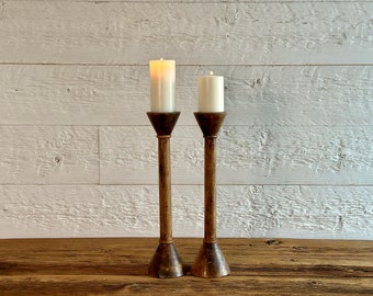 Pair or antique hand-turned wood handle holders, tall wooden candelabras,  from Quebec, Canada