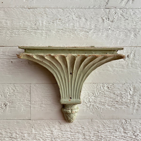 Antique distressed hand-made paper mache shelf, with its original mint green paint, from Quebec, Canada, circa 1930s.