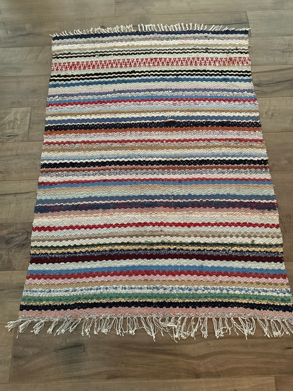 Antique Hand-woven Rag Rug From Quebec, a Traditional French