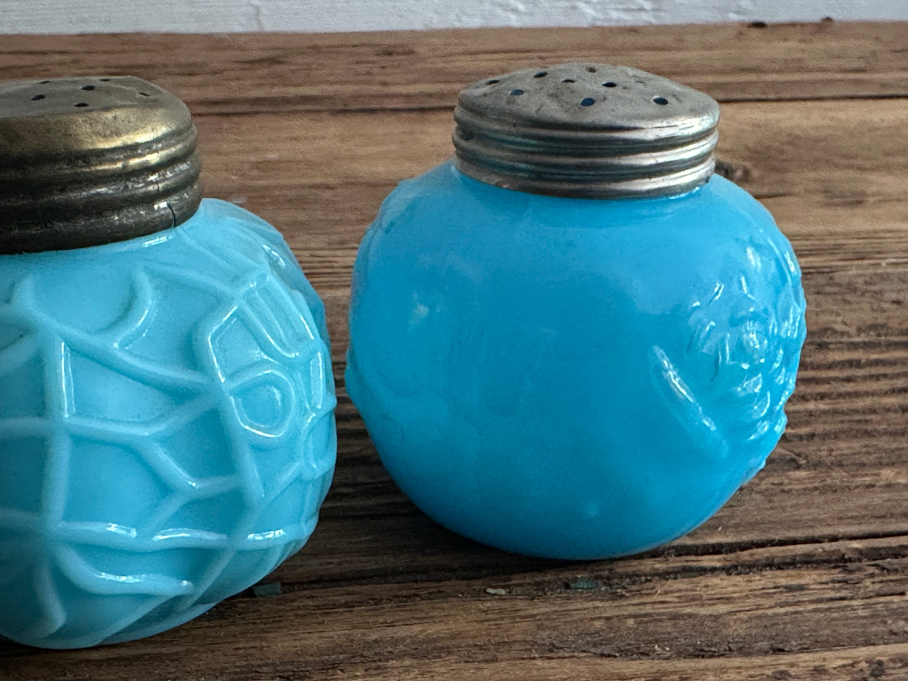 Antique Turquoise Glass Salt and Pepper Shakers - Glass Salt and