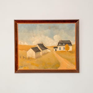 Pintura original de época de un paisaje veraniego: escena rural con casa de campo: de L. Sénécal, Quebec, Canadá, década de 1970.