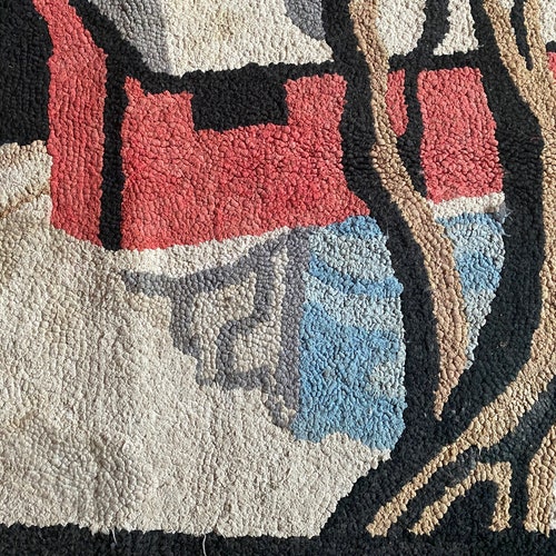 Antique/vintage pictural hooked rug, shops winter landscape with red covered bridge, from Quebec, Canada