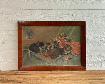 Antique original oil panting on canvas, Mischevious litter of cats, circa 1890s to early 1900s