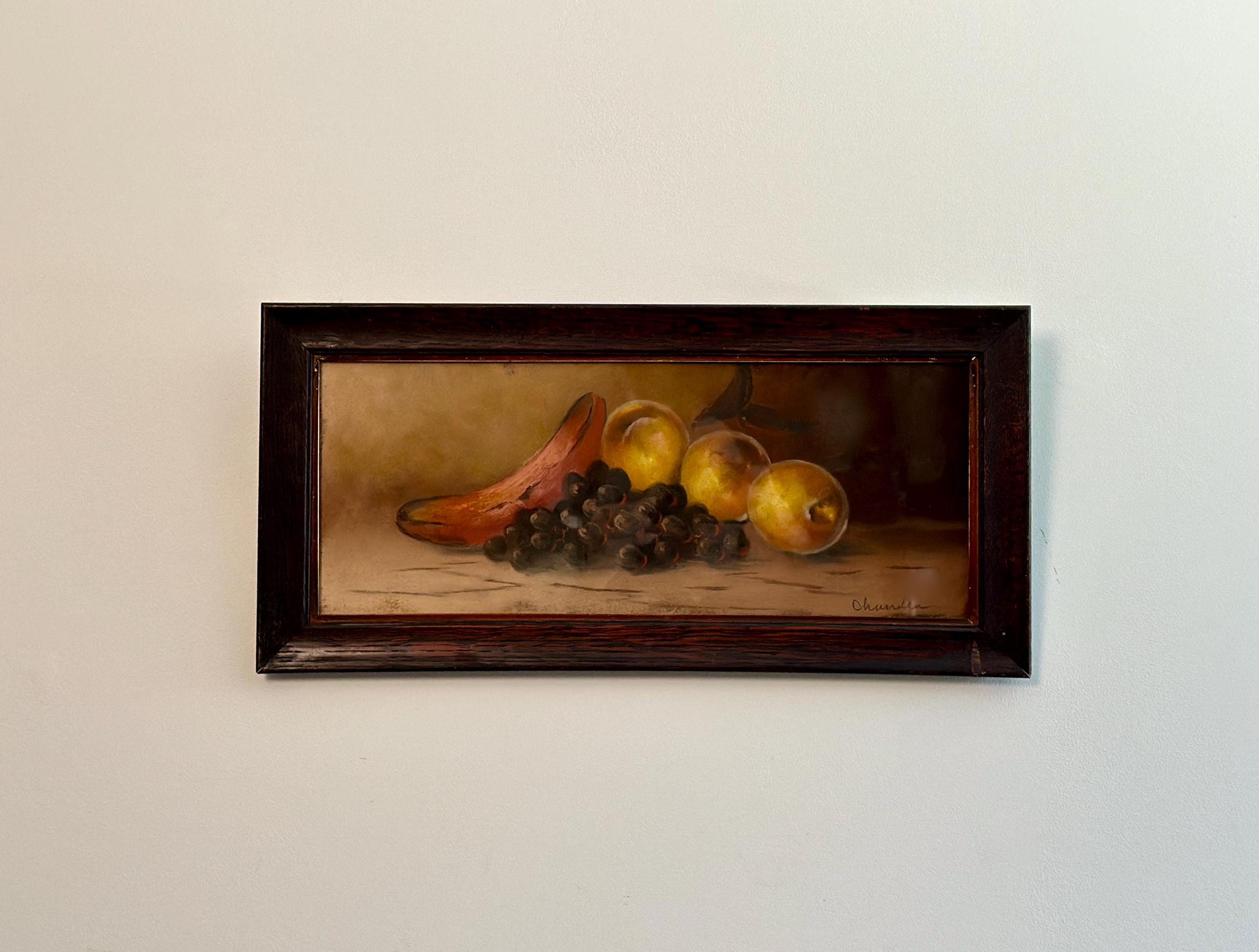 Antique Original Still Life Pastel Painting - Fruits on the Table - Moody Framed Art: Signed Chandler, circa 1920s-1940s