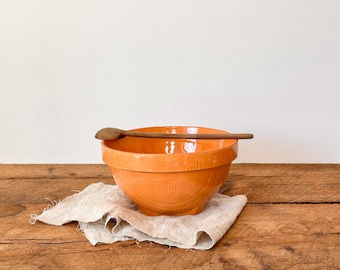 Antique 11-Inches Yellowware Mixing Bowl - Orange Glaze with Art Deco Designs: Likely by Watt, Ohio, USA, 1920s