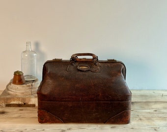 Antique brown leather doctor's Bag, satchel, antique leather suitcase with handles