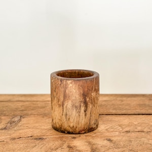 Antique hand-carved wood mortar, treenware planter made from one piece of a tree trunk, from Quebec, Canada, circa late 1800s