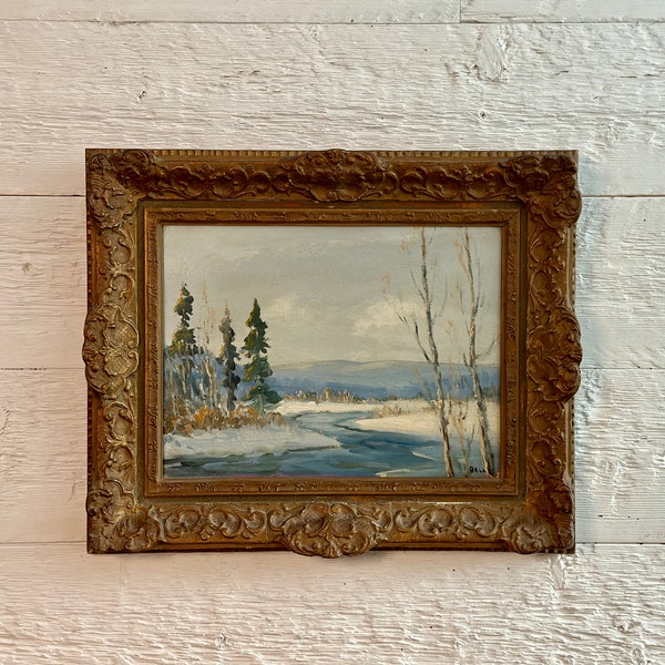 Antique original oil painting, winter landscape in a gilded wood and plaster frame, signed and dated by Bell, 1915