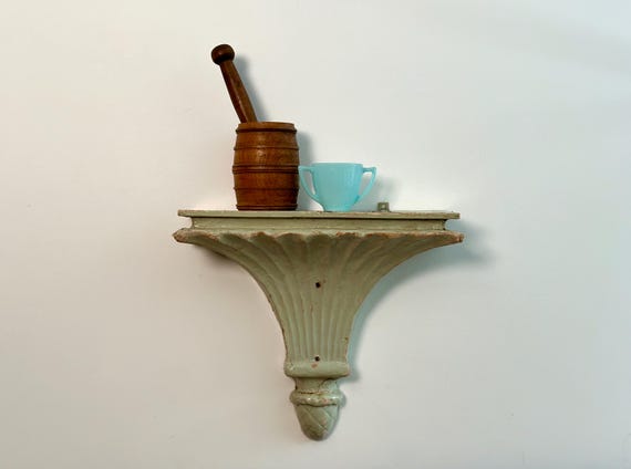 Antique distressed hand-made paper mâché shelf, with its original mint green paint, from Quebec, Canada, circa 1930s.