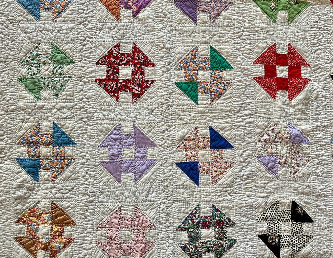 Antique Churn Dash Block Pattern Quilt, Machine Assembled and Hand