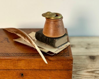 Antique hand-turned wood inkwell with brass sliding lid and copper issert, for calligraphy dip pen, circa 1930-40s