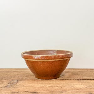 Antique yellow ware ceramic mixing bowl, Medalta mixing bowl with brown glazing, circa late 1800s
