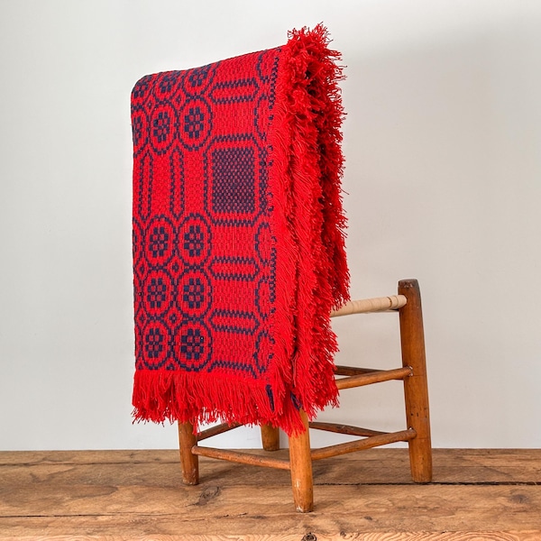 Vintage Overshot Coverlet – Red and Blue Geometric Handwoven Wool Blanket with Center Seam: Ontario, Canada, circa 1950s