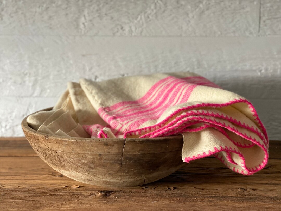 Small Vintage Handwoven Wool Blanket or Throw, Beige With Pink Stripes