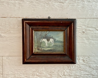 Original antique watercolor painting, Icelandic pony, white horse in the heavy wood frame, from the late 1800s