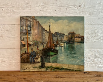 Antique original oil painting on canvas, colorful harbor port scene in New Brunswick, signed Dumont, circa 1930s or 40s
