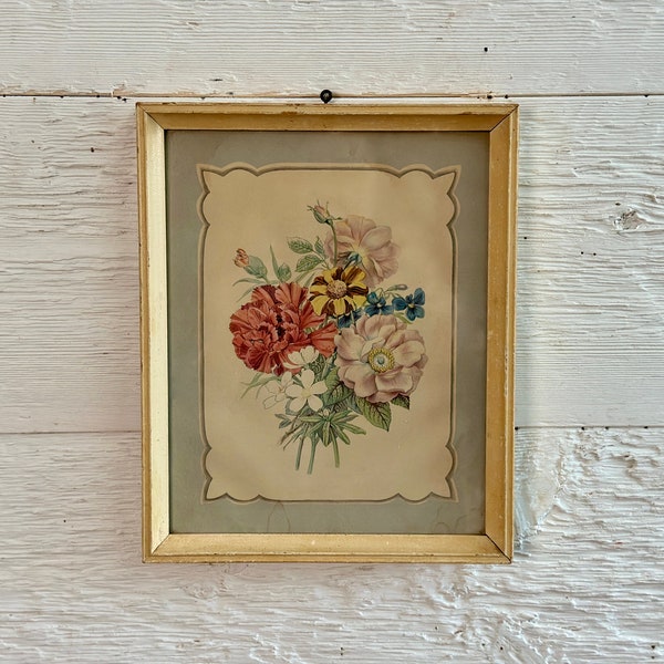 Estampado botánico vintage, ramo de flores, fondo azul y beige