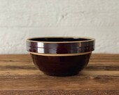 Antique primitive salt glaze stoneware mixing bowl, brown, USA - 9 IN