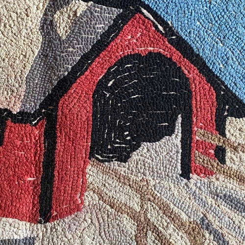 Antique/vintage pictural hooked rug, shops winter landscape with red covered bridge, from Quebec, Canada