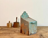 Antique wall-mounted salt box, primitive wood wall box, with its original blue/gray paint, from Quebec, circa early 1900s