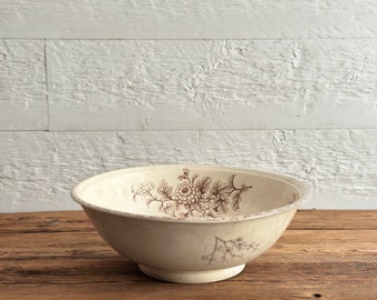Antique large ironstone bowl, wash basing bowl, with brown transferware floral designs, unmarked, circa early 1900s