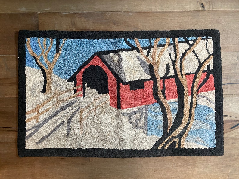 Antique/vintage pictural hooked rug, shops winter landscape with red covered bridge, from Quebec, Canada