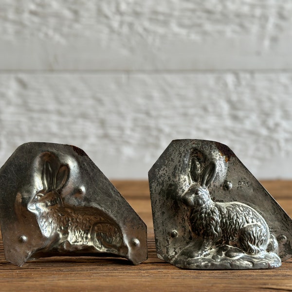 Antique tin Easter Bunny chocolate mold, rabbit metal chocolate mold, numbers 335 and 450, from 1900s - 1930s