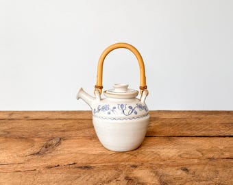 Vintage Stoneware Teapot with Rattan Handle – Blue and White Floral Studio Pottery: Found in Ontario, Canada, 1960s-70s