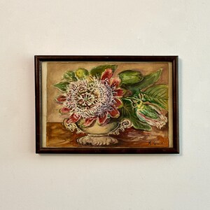 Dipinto ad acquerello originale antico, bouquet di fiori colorati, con un messaggio sul retro firmato M. (Minnie) Hewitt, circa anni '20
