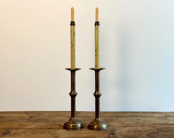 Pair or tall antique brass candlestick holders, large candle holders from a church in Quebec, Canada, circa 1920s