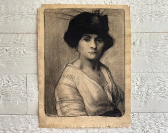 Antique original charcoal drawing on paper of a woman with hat, from France, circa early 1900s