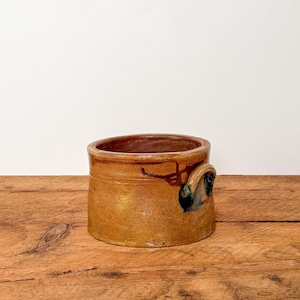 1800s Antique Twin-Handled Stoneware Crock - Handmade Double Loop Handle Salt Glazed Pottery