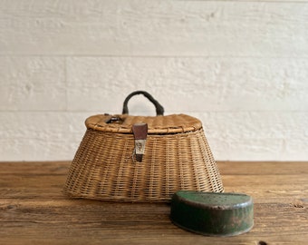 Vintage wicker fishing creel basket, fly fisherman basket with Old Pal bait box with belt loop, circa 1950s