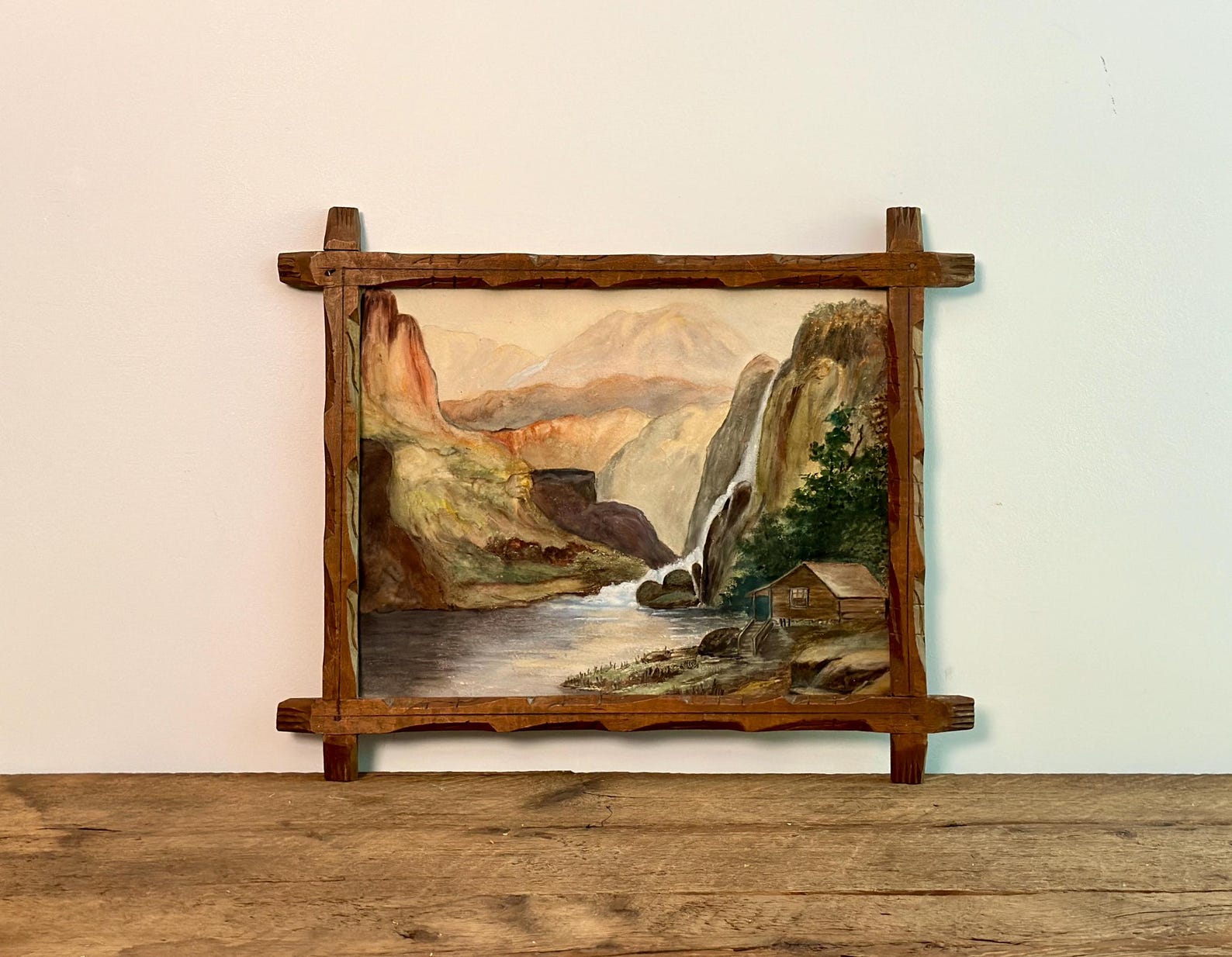 cabin waterfall painting