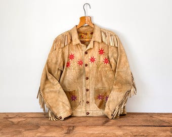 Zeldzaam inheems geborduurd jack met franjes en Atomic Novelty-voering uit het midden van de eeuw: Quebec, Canada, jaren 1950