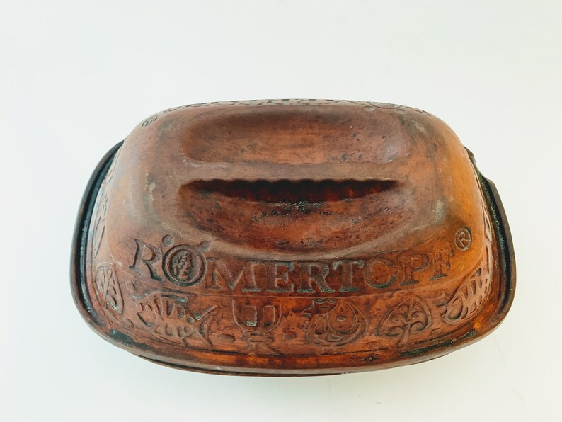 Vintage Romertopf Clay Terra Cotta Baking Dish #109 Made in West Germany Seasoned Pot Embossed Chicken Rooster Fish