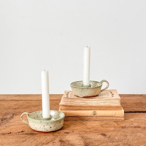 Candelabros de cerámica vintage firmados por Nancy Postma - Candelabros de gres moteado: Nueva Escocia, Canadá, 1990