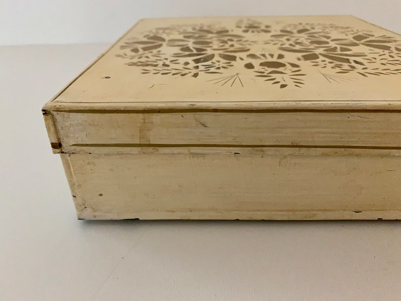 1959 Vintage Tin box yellow and gold hand-painted and signed