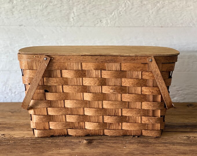 Vintage Putney Woven Wood Picnic Basket, With 2 Handles, Basketville