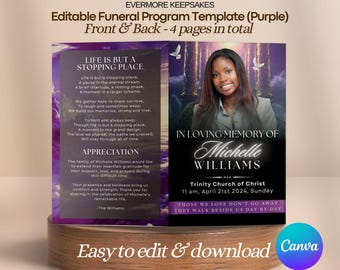 Purple Funeral Program Template: 4-Page Obituary (Canva Editable)