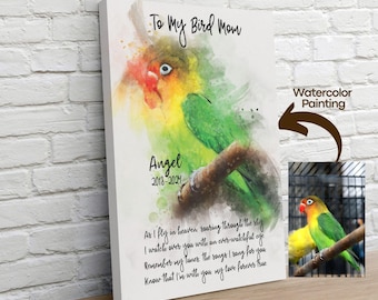 Loss of Bird Memorial Canvas, Custom Parrot Watercolor Portrait, Avian Sympathy Gift, Bird Grief Keepsake, Bird Owner Grief Bird Lover Print